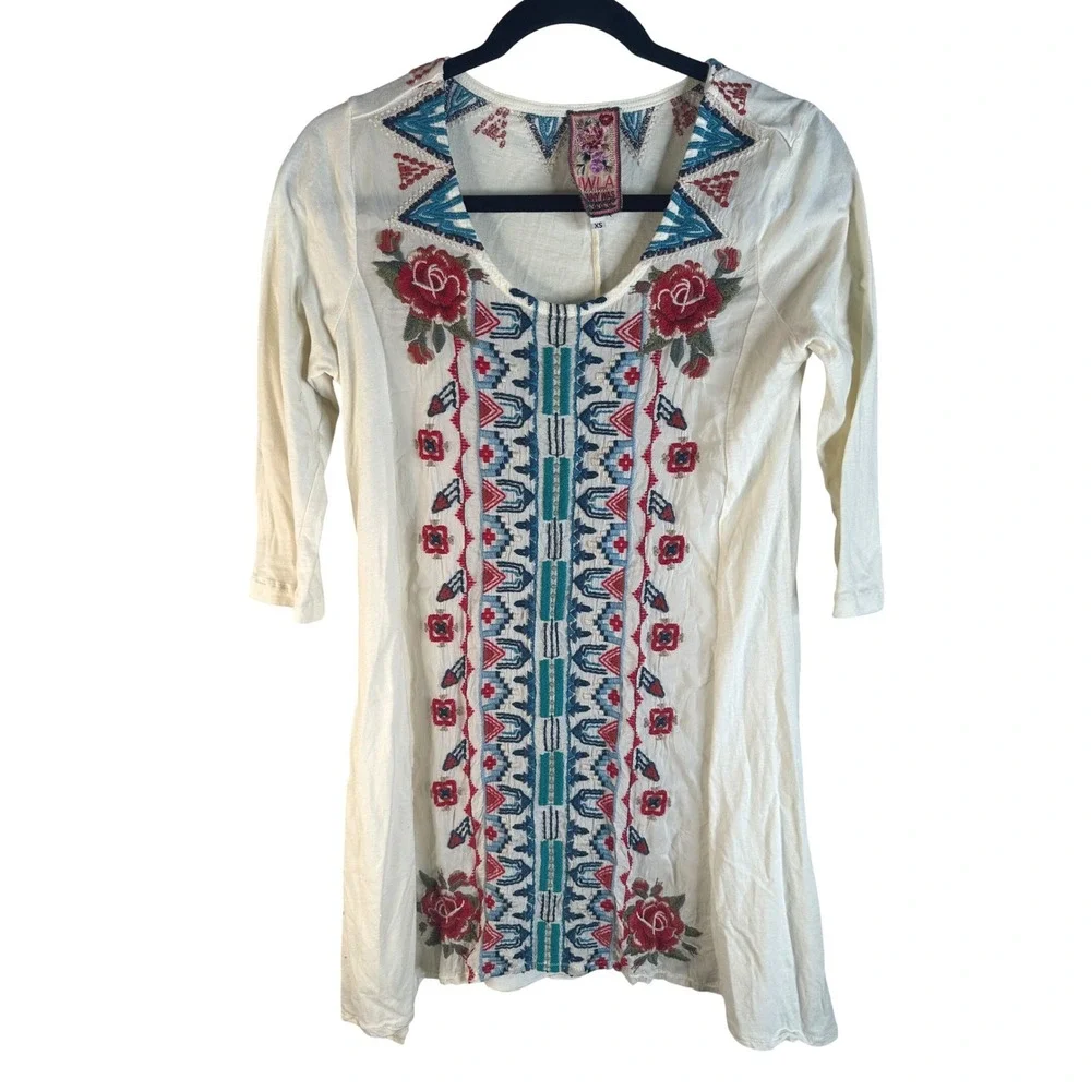 Johnny Was Women's Cream Embroidered Floral Boho Tunic Dress Size XS